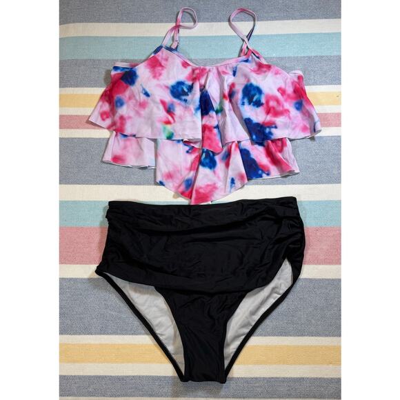 NWT, Adisputent, Tie Dye Ruffle Top & High Waisted Bikini Bottom Set, Sz XL - Picture 1 of 8